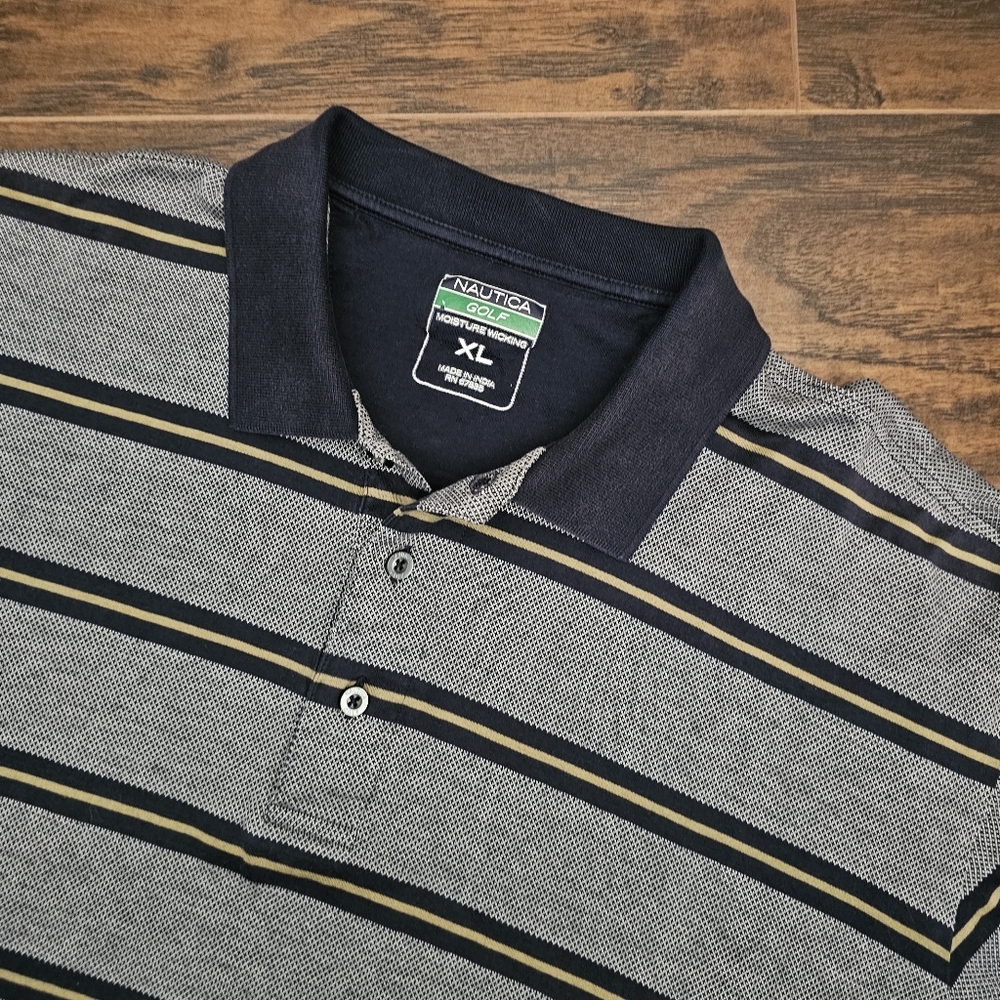 Nautica Golf Moisture Wicking‎ Mens XL Shirt Blue White Gold Striped Polo